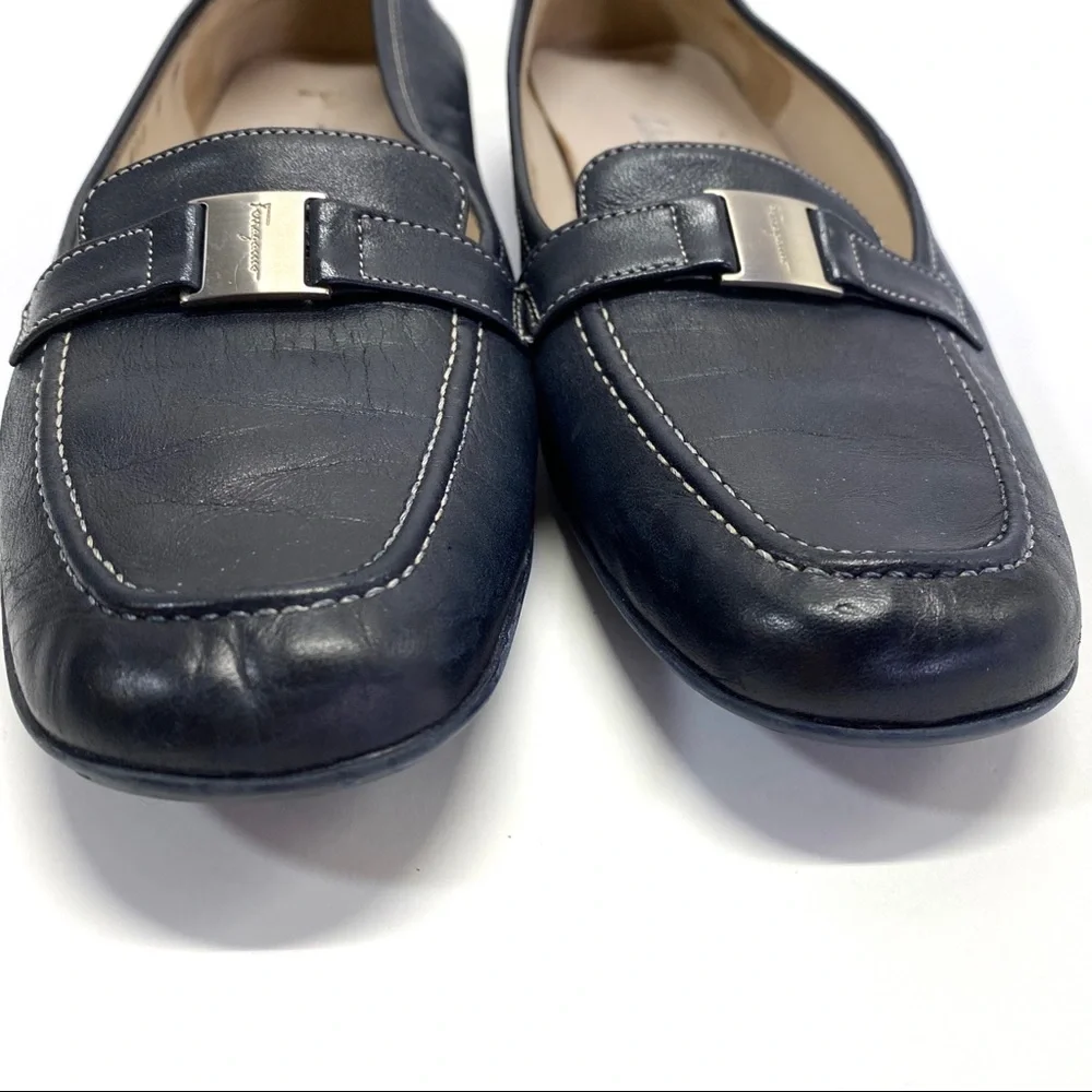 Salvatore Ferragamo Navy Blue Leather Loafers